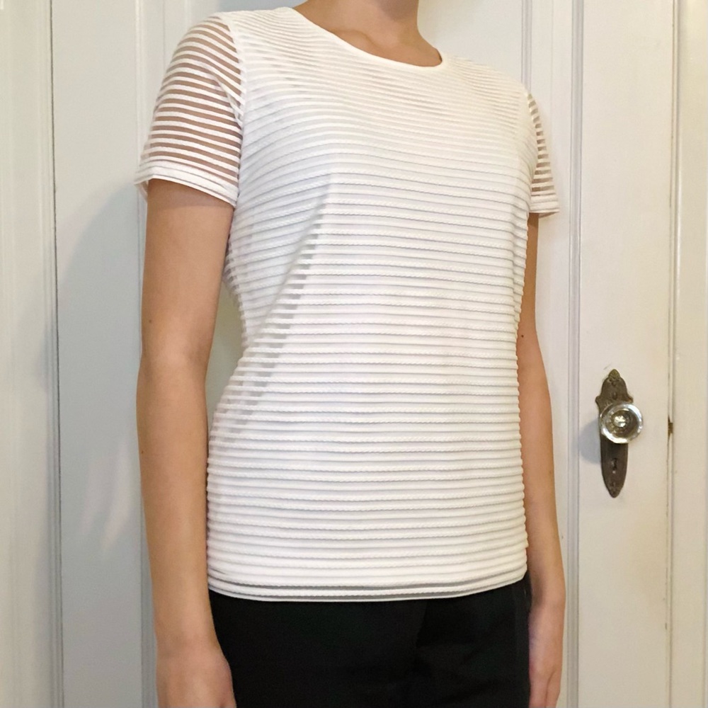 Calvin Klein Sheer Striped Short Sleeve T-Shirt Top White